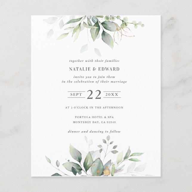budget Watercolor foliage greenery wedding Flyer (Front)