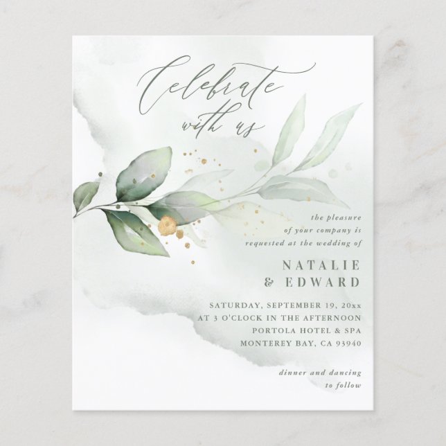 budget Watercolor green foliage gold wedding (Front)