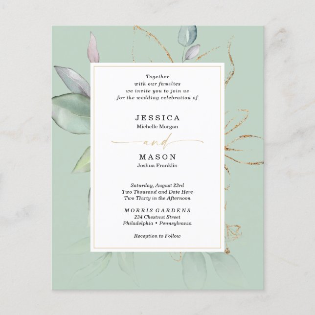 Budget Watercolor Greenery Sage and Gold Wedding F Flyer (Front)