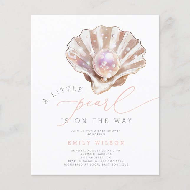 Budget Watercolor Little Pearl Baby Shower Invites (Front)