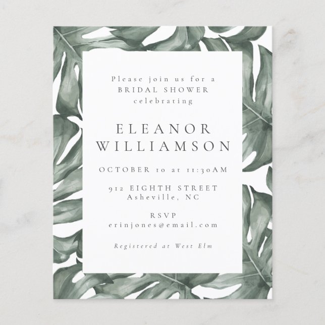 Budget Watercolor Monstera Bridal Shower Invite (Front)