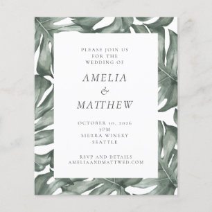 Budget Watercolor Monstera Green Wedding Invite