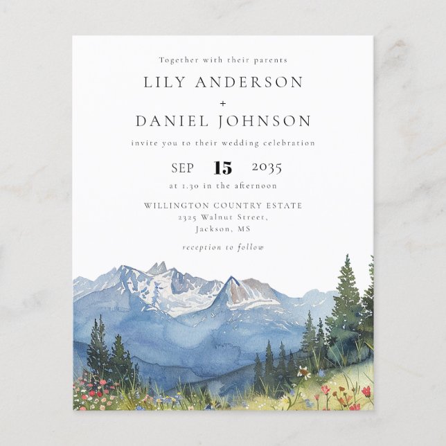 Budget Watercolor Mountain Wedding Invitation (Front)