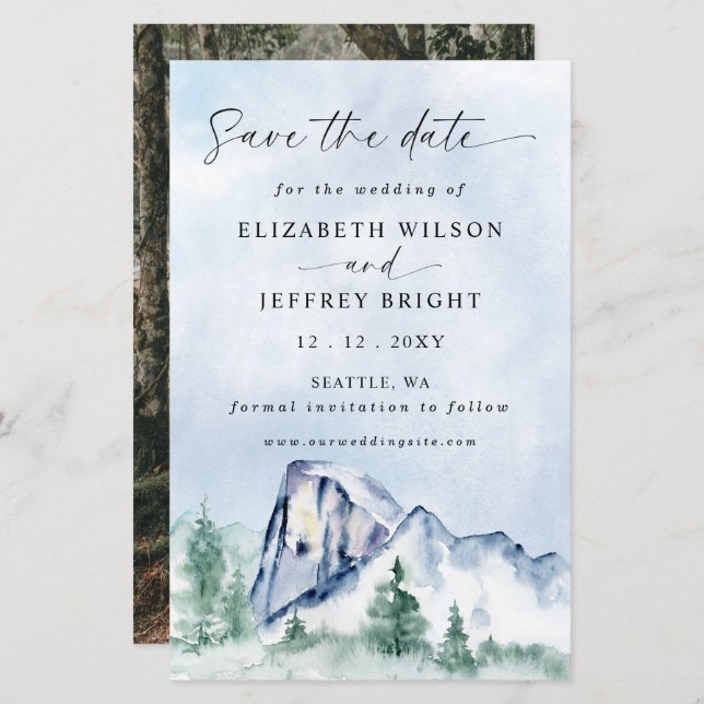 Budget Watercolor Mountains Pine Save the date (Front/Back)