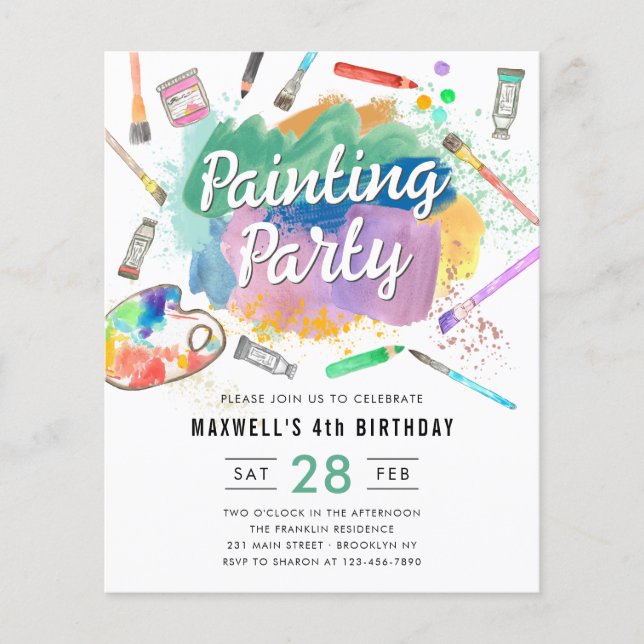 Budget Watercolor Paint Painting Party Birthday (Front)