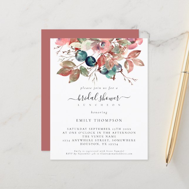 Budget Watercolor Pink Floral Bridal Shower Invite (Front/Back In Situ)