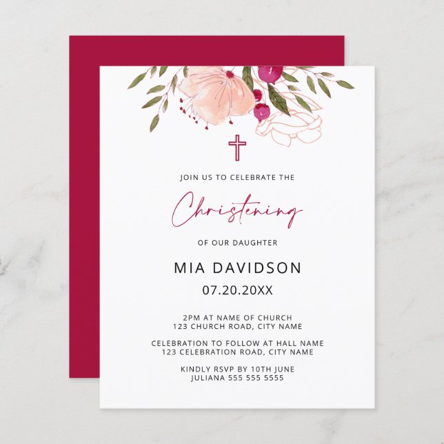 Budget Watercolor Pink Floral Girl Christening (Front/Back)