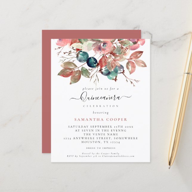 Budget Watercolor Pink Floral Quinceañera Invite (Front/Back In Situ)