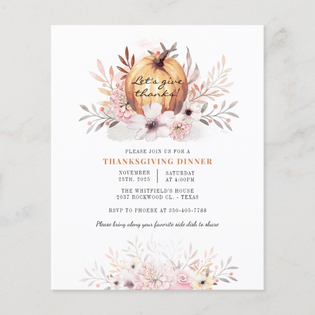 Budget Watercolor Pumpkin Fall Thanksgiving Flyer (Front)