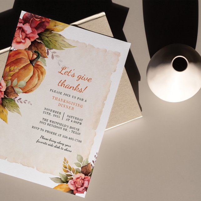 Budget Watercolor Pumpkin Thanksgiving Dinner (Pumpkin Pink Floral Thanksgiving Dinner Invitation)