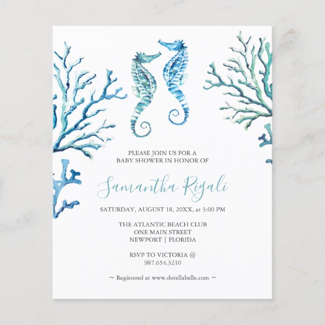 Budget Watercolor Seahorse Baby Shower Flyer (Front)