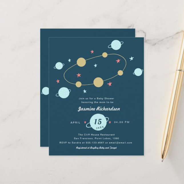 Budget Watercolor Space | Blue Baby Shower Flyer (Front/Back In Situ)