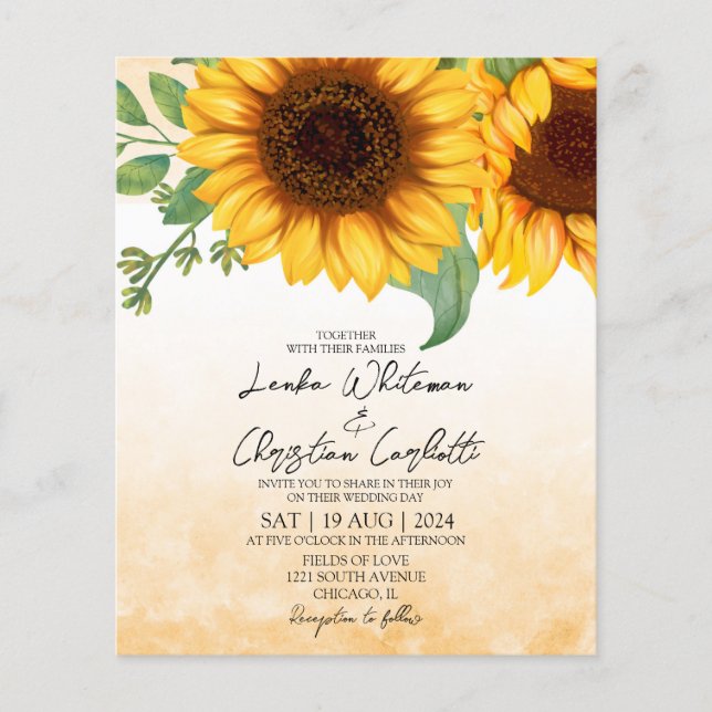 Budget Watercolor Sunflower wedding  invitation (Front)