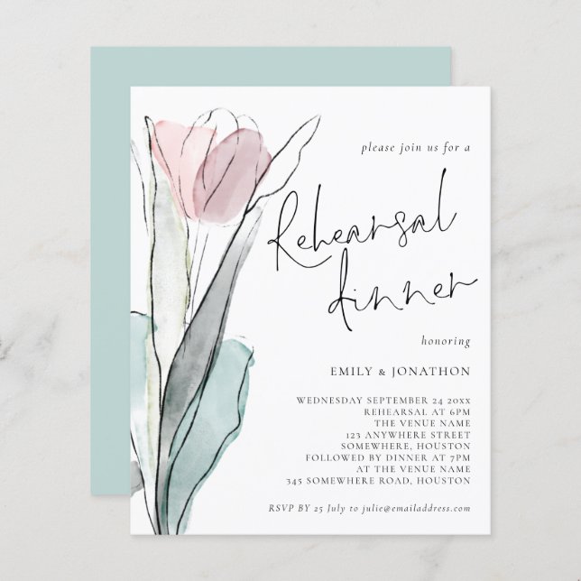 Budget Watercolor Tulip Rehearsal Dinner Invite (Front/Back)