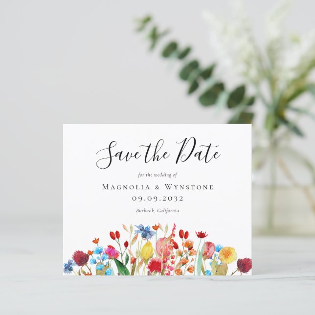 BUDGET Watercolor Wildflower Wedding Save The Date (Standing Front)