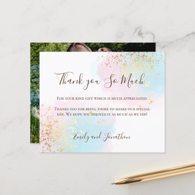 Budget Watercolors Photo Wedding Thank You (Front/Back In Situ)