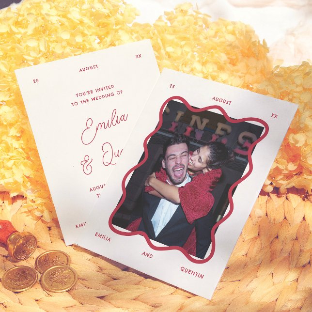 Budget Wavy Frame Retro Photo Wedding Invitation (Creator Uploaded)