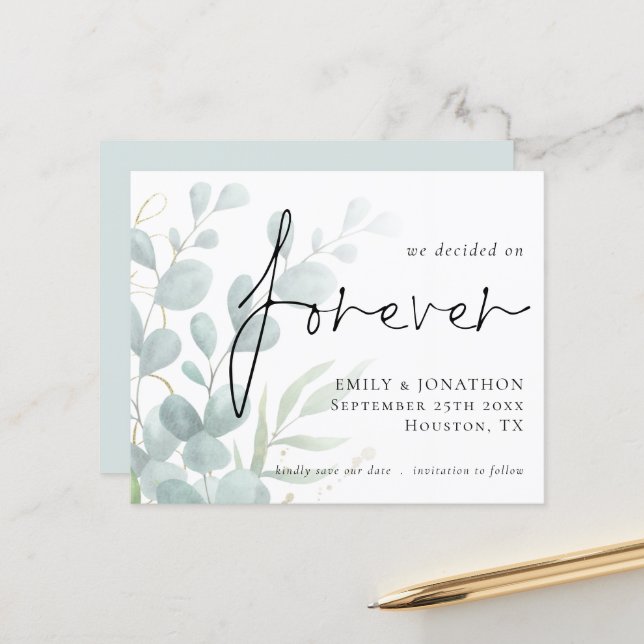 Budget We Decided on Forever Eucalyptus Save Date (Front/Back In Situ)