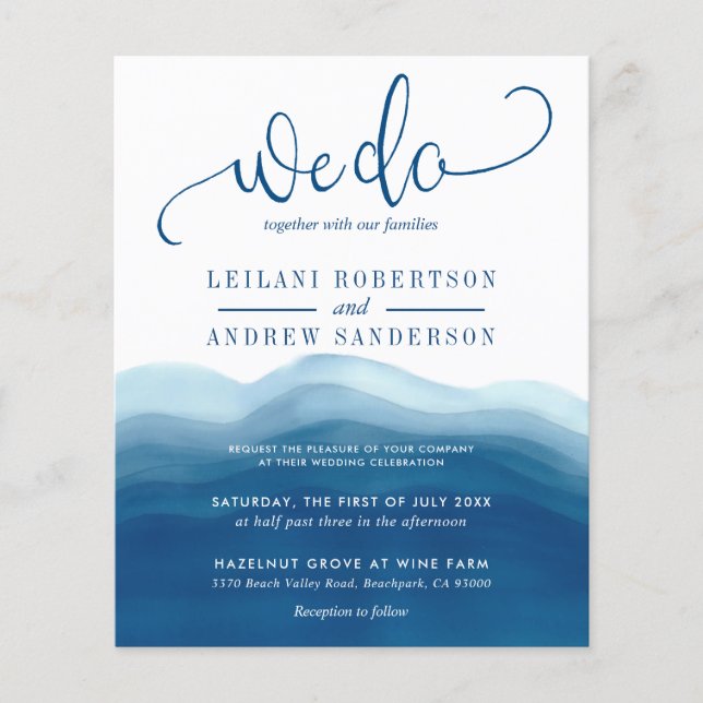 Budget We Do Blue Watercolor Wedding Invitation (Front)