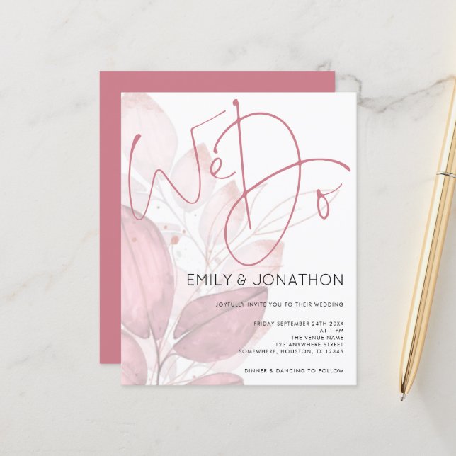 Budget We Do Dusty Rose Foliage Wedding Invitation (Front/Back In Situ)