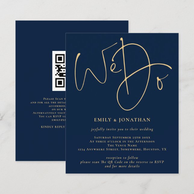 Budget We Do Gold Script Navy QR Wedding Invite (Front/Back)