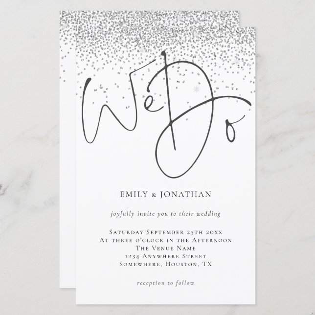 Budget We Do Script Silver Glitter Wedding Invite (Front/Back)