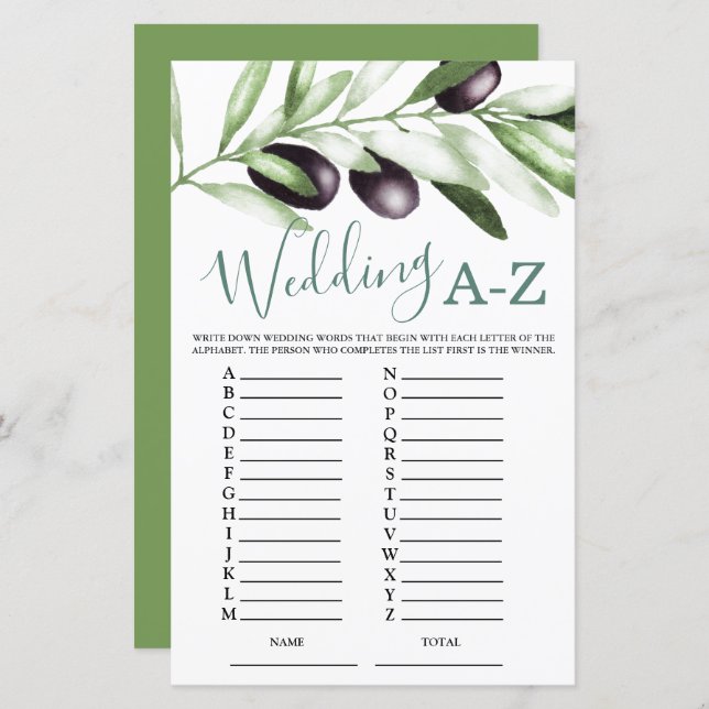 Budget Wedding A-Z Olive Bridal Shower Game  (Front/Back)