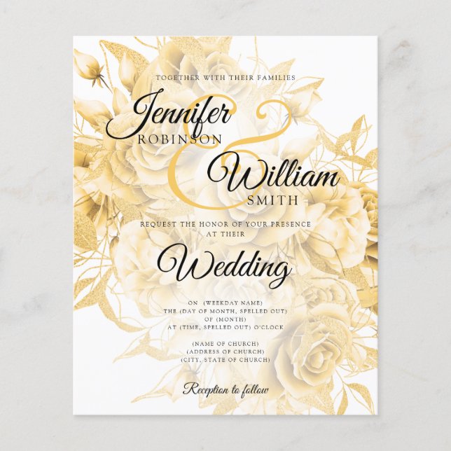 Budget Wedding Black & Gold Floral Invitation Flyer (Front)