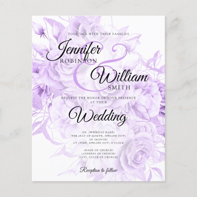 Budget Wedding Black & Purple Floral Invitation Flyer (Front)
