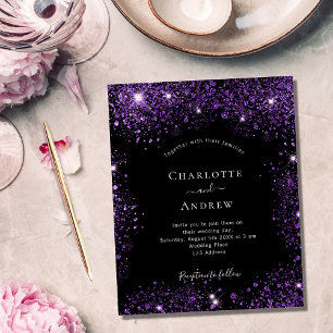 Budget wedding black purple glitter invitation
