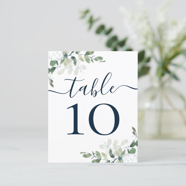 BUDGET Wedding Blue Text Eucalyptus Table Number (Standing Front)