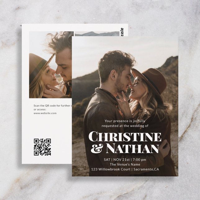 Budget Wedding Bold Chic 3 Photo QR Code  Postcard (Creator Uploaded)