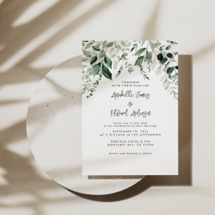 Budget Wedding eucalyptus details, invitation chic
