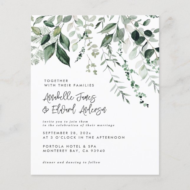 Budget Wedding eucalyptus details, invitation chic (Front)