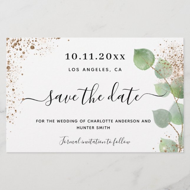 Budget wedding eucalyptus gold save the date (Front)