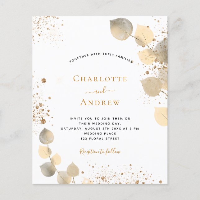 Budget wedding eucalyptus golden rust invitation (Front)