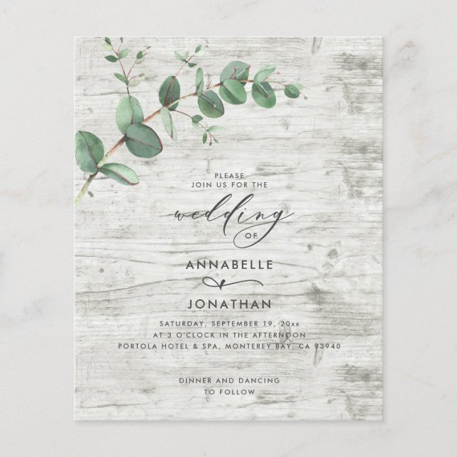 budget Wedding Eucalyptus white wood Invitation (Front)