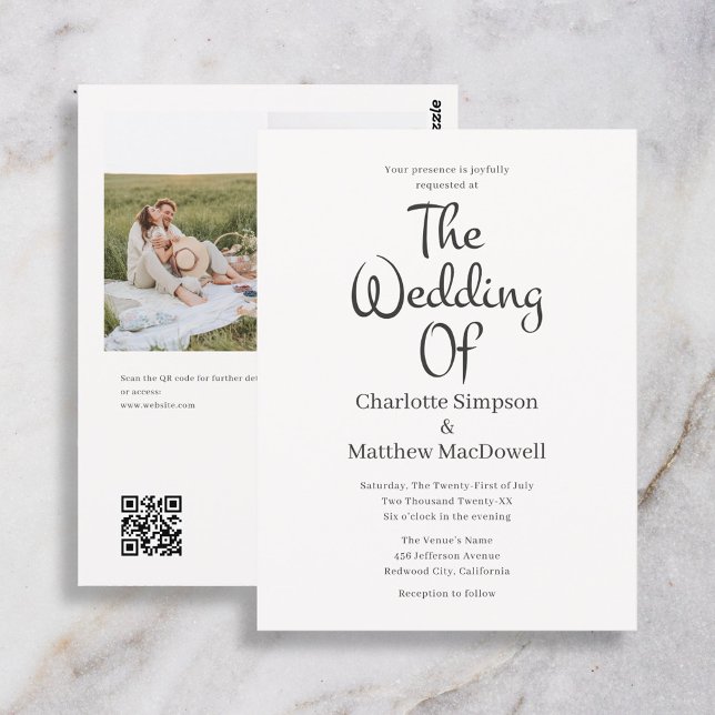 Budget Wedding Fancy Script Photo QR Code Postcard (Creator Uploaded)