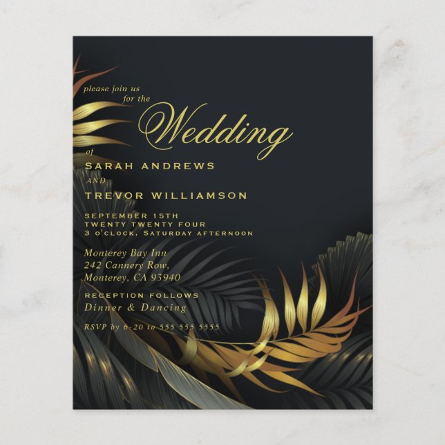 Budget Wedding Gold and Black Tropical Leaves (Front)
