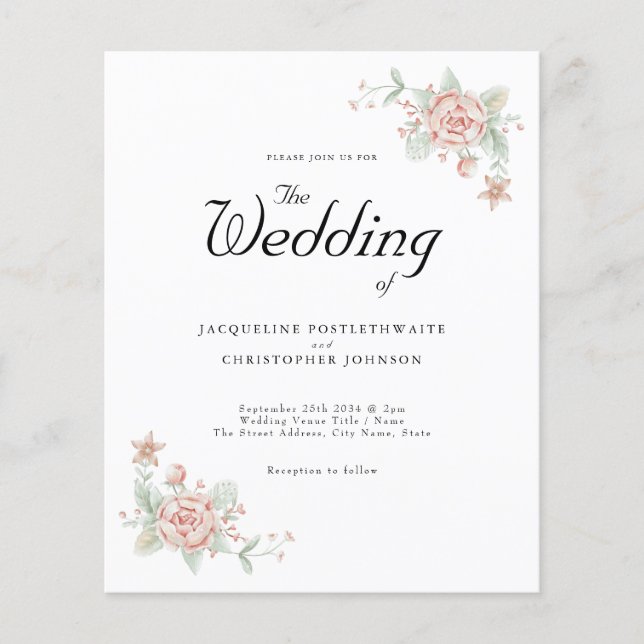 Budget Wedding Invitation Chic Pink Peony Flyer (Front)