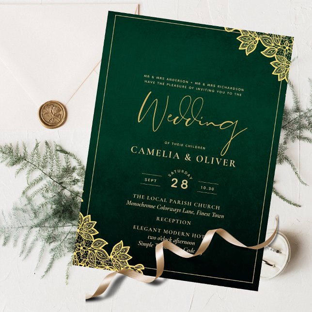 Budget Wedding Invitation Emerald Green Gold Lace Flyer (Creator Uploaded)