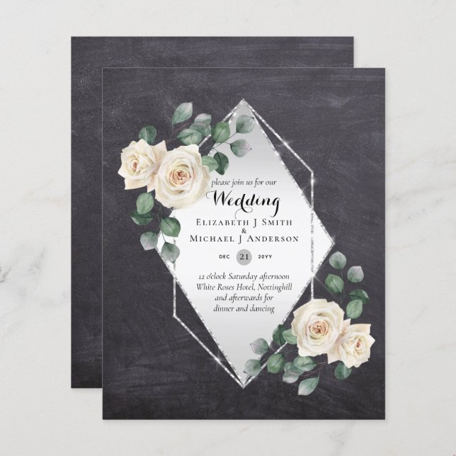 BUDGET WEDDING INVITATIONS - White Roses Silver (Front/Back)