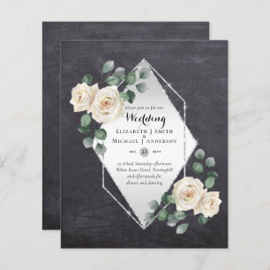 BUDGET WEDDING INVITATIONS - White Roses Silver