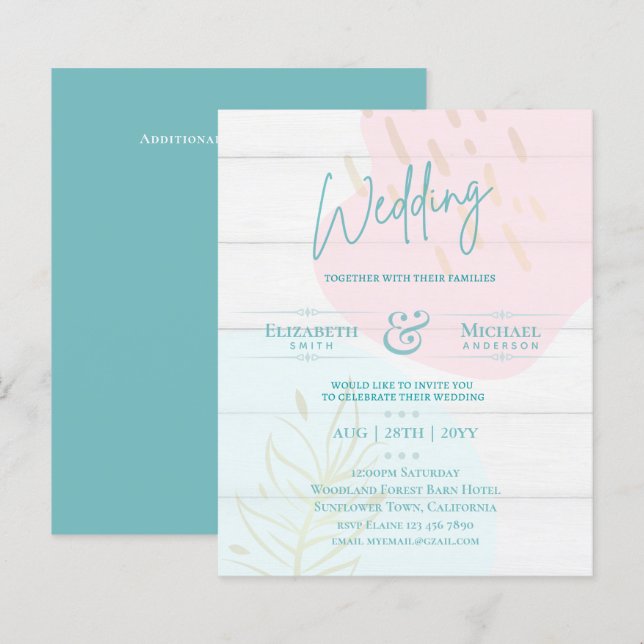 BUDGET Wedding Invite Teal Pink Gold Abstract (Front/Back)