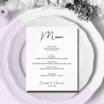 Budget Wedding Menu<br><div class="desc">An excellent value, a white dinner menu printed on thinner 80 lb uncoated matte paper features your food choices in chic lettering. Perfect for a modern wedding reception, wedding rehearsal dinner, anniversary party or any special event with a sit-down dinner. Measures 4.5" x 5.6", but you can choose from 3...</div>
