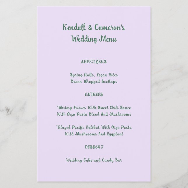 Budget Wedding Menu Solid Lavender Flyer (Front)