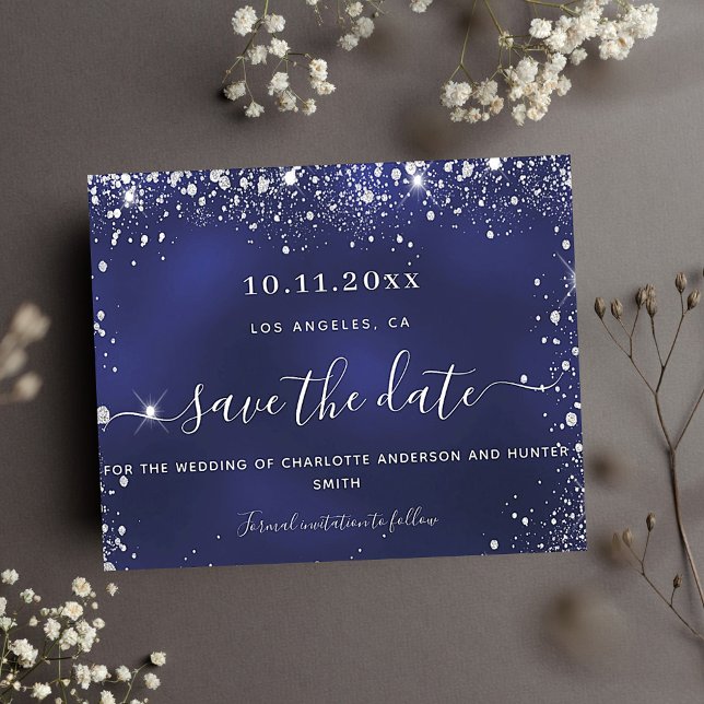 Budget wedding navy blue silver glitter save date (Creator Uploaded)