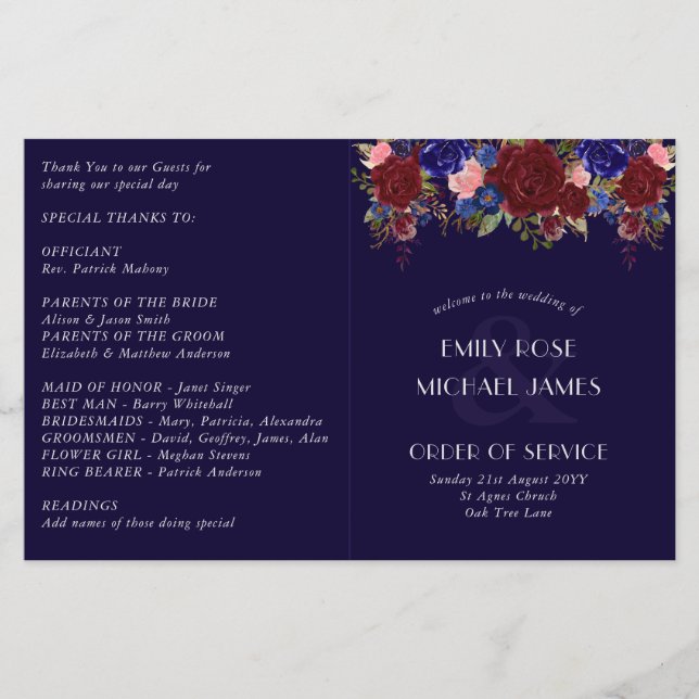 Budget Wedding Program Burgundy Blue Roses Flowers (Front)