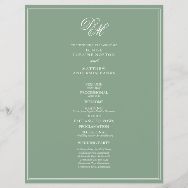 Budget Wedding Program in Basil Green Flyer (Front)