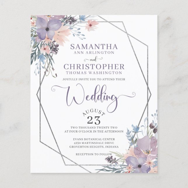 Budget Wedding Purple Watercolor Floral Invitation (Front)